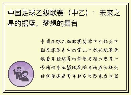 中国足球乙级联赛（中乙）：未来之星的摇篮，梦想的舞台