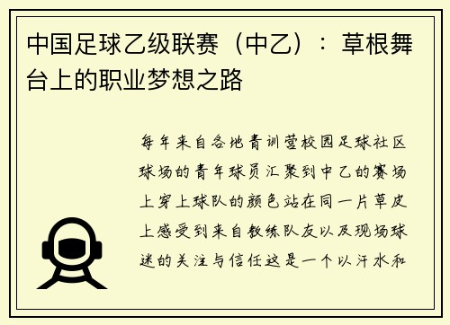中国足球乙级联赛（中乙）：草根舞台上的职业梦想之路