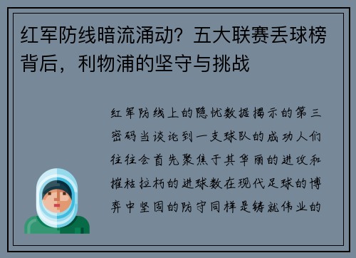 红军防线暗流涌动？五大联赛丢球榜背后，利物浦的坚守与挑战